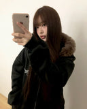 [Brushed Lining] Rahin printing over fur hood zip-up