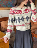 Cren Argyle Puff Knit Cardigan