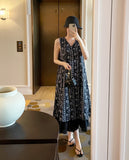 [Strap set] Gloss Floral Color Matching Sleeveless Long One Piece