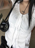 Sandy Summer Ribbon Strap Pintuck Puff Short Sleeve Blouse