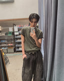 Wheat Pigment Rib Muscle Henley Neck Short Sleeve T-shirt