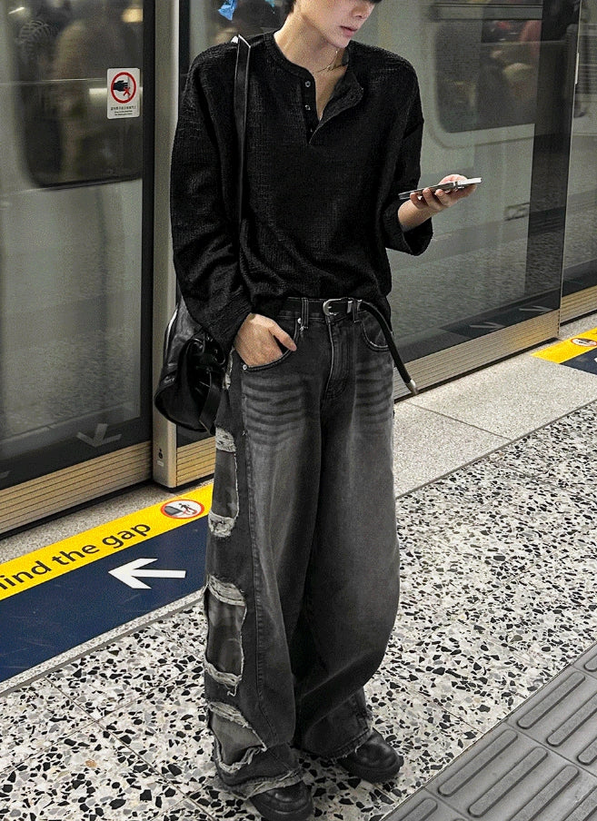 【COSYHARU】Tweed Henley Neck Long Sleeve Tee COSYHARU (コシハル) - ツイードヘンリーネック長袖Tシャツ
