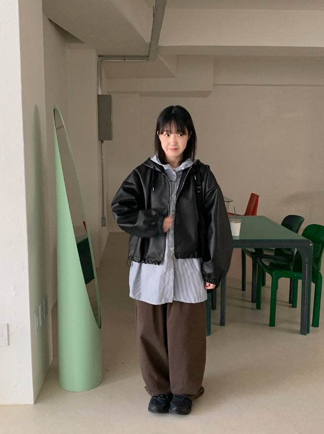 【BAON】Hoiki String Cropped Leather Hood Zip-Up BAON (バオン) - ホイキストリングクロップドレザーフードジップ