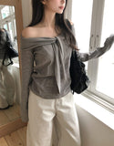 Niid Stripe Tie Off-shoulder Long Sleeve