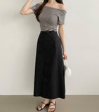 Stripe Span Off-shoulder Slim Fit Basic Length Short Sleeve T-shirt