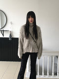 Soco Knitwear Color Matching Angora Fur Button Hood Cardigan