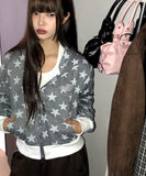 Newzing Star Color Matching Crop Long Sleeve Hood Zip-Up
