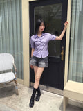 Two-Win Stripe Slim Fit Cropped Short-Sleeved Shirt