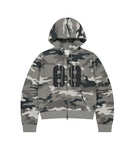 CAMO APPLIQUE CROP ZIP UP HOODIE