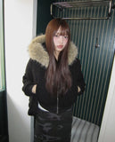 Rurin fluffy fur quilted short hood zip-up