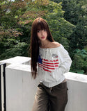 Burnoon American Flag Strap One Off Shoulder Long Sleeve Zip-up