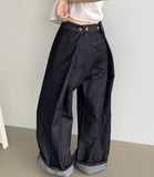 Raw back point button roll-up mega wide fit denim pants
