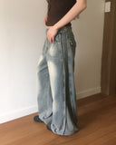 Binden side pin tuck back pocket wide denim pants