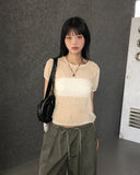 Shanz shirring pleated see-through puff short sleeve T-shirt