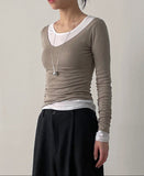 Deep V-neck Long Sleeve T-shirt