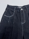 Stitch roll-up wide denim pants
