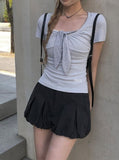 Nerdy Check Tie Shirred Slim Short Sleeve T-shirt