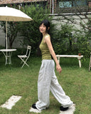 Satin Linen Stripe Wide Banding Long Pants