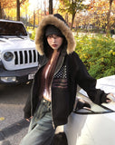America Dirty Printing Brushed Fur Hood Zip-Up