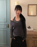 Sheen Layered Shirring V-Neck Long Sleeve T-Shirt