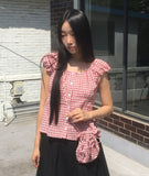 [Bag set] Rufus check cap sleeve shirring blouse