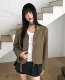[muffler set] Tur no-collar V-neck button long-sleeved jacket