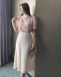 Kain Puff Color Matching Tie-Neck Short Sleeve Blouse