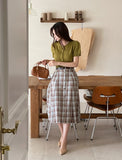 Macaroon Check Button A-Line Long Skirt (Belt Set)