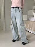Washed Pocket Cargo Light Blue Long Wide Denim Pants