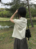 Lambs Button Collar Shirred Puff Blouse Shirt