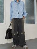 Cross Damage Banding Denim Pants