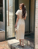 Ruckbell Square Neck Embroidered Tulip Pintuck Long One Piece