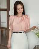 Love It Tie Diagonal Frill Puff Blouse