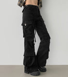 Waist Strap Low Waist Pocket Shirring Pin Tuck Wide Bootcut Pants