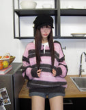 Here Color Matching Stripe Collar Neck Button Long Sleeve Knit