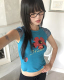 Harpin Flower Print Blue Short Sleeve T-Shirt