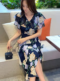 Valia V-neck Flower Span Slit One Piece