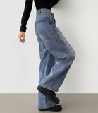 Curved Cut Line Pocket Point Wide Denim Pants