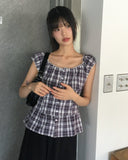 Benha Check Puff Frill Sleeveless Blouse