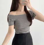 Stripe Span Off-shoulder Slim Fit Basic Length Short Sleeve T-shirt