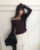 Enyu Lace Lip Neck Long Sleeve T-Shirt