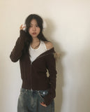 Penk Cable Fur Hood Slim Fit Two-Way Knit Zip-Up