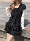 Lotte Dot Frill Ribbon Slim Short Sleeve Blouse