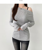 Boat Neck Off-Shoulder Knit Long Sleeve Slit Slim Fit T-Shirt