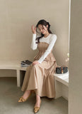 Rail Color Matching Knit Shirring Pin Tuck Flare One Piece