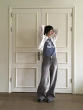 Watone Back Cut Washing Gray Long Wide Denim Pants