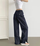 Back Pocket Non-Fade Summer Cooling Banding Hem Slit Wide Denim Pants