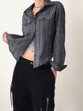 Sahi Vintage Stripe Pocket Roll Crop Long Sleeve Shirt