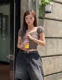Leopard shirring puff off-shoulder short sleeve