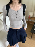 Puning Basic Plain Round Cropped Long Sleeve T-shirt